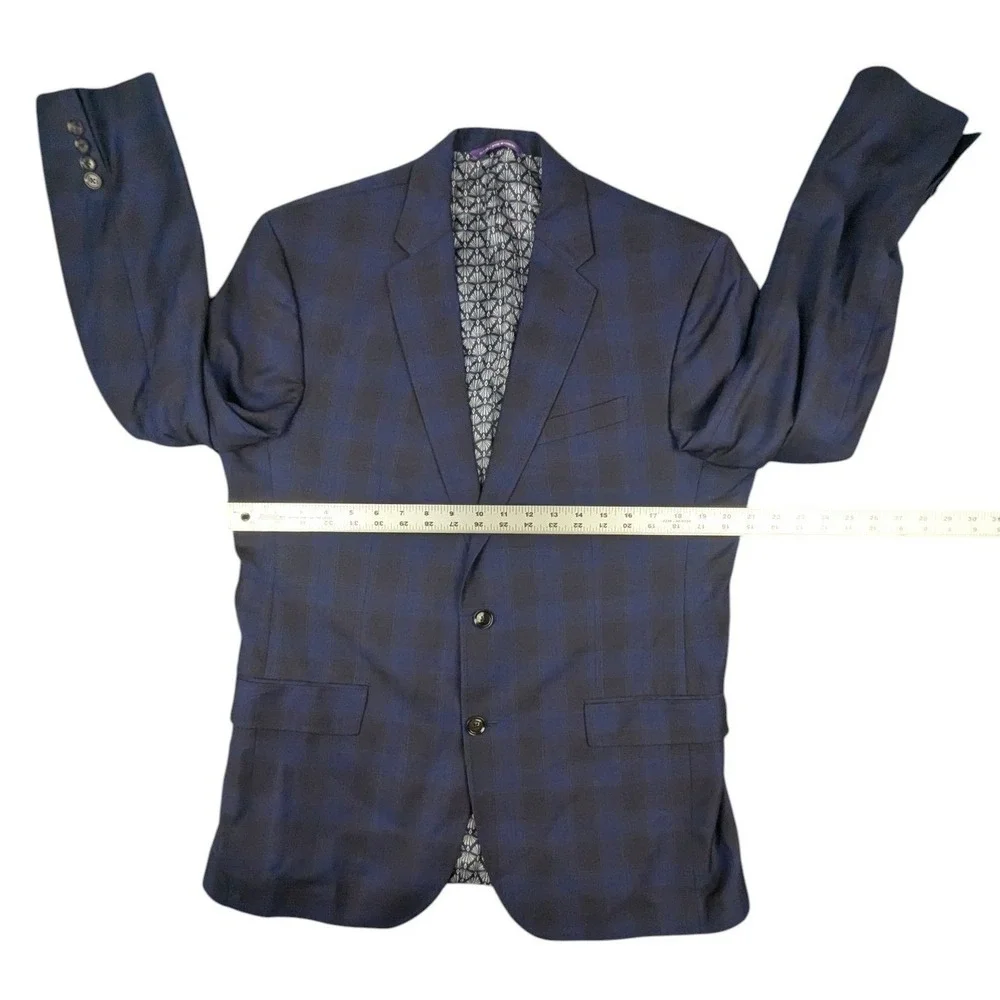 READ Ted Baker Endurance Jay SPJ Blazer Blue Black Plaid 42R Wool Sport Coat